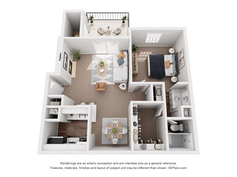 Floor plan for 1 bed, 1 bath, 648 sqft
